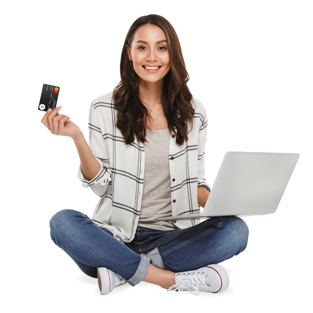Smiling woman holding prepaid card